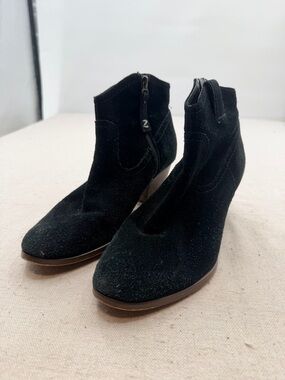 Zodiac Black Suede Ankle Booties with Low Heel and Side Zip